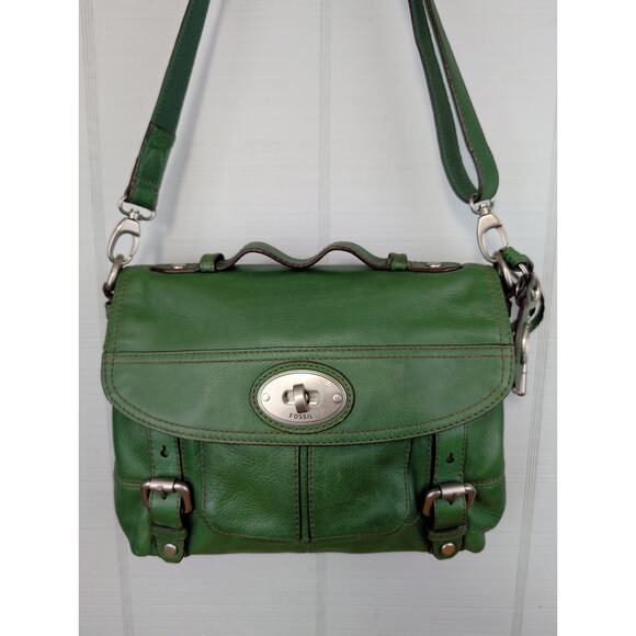 Fossil Long Live Vintage Maddox Crossbody Purse Green Genuine Leather Key Charm - Picture 6 of 16